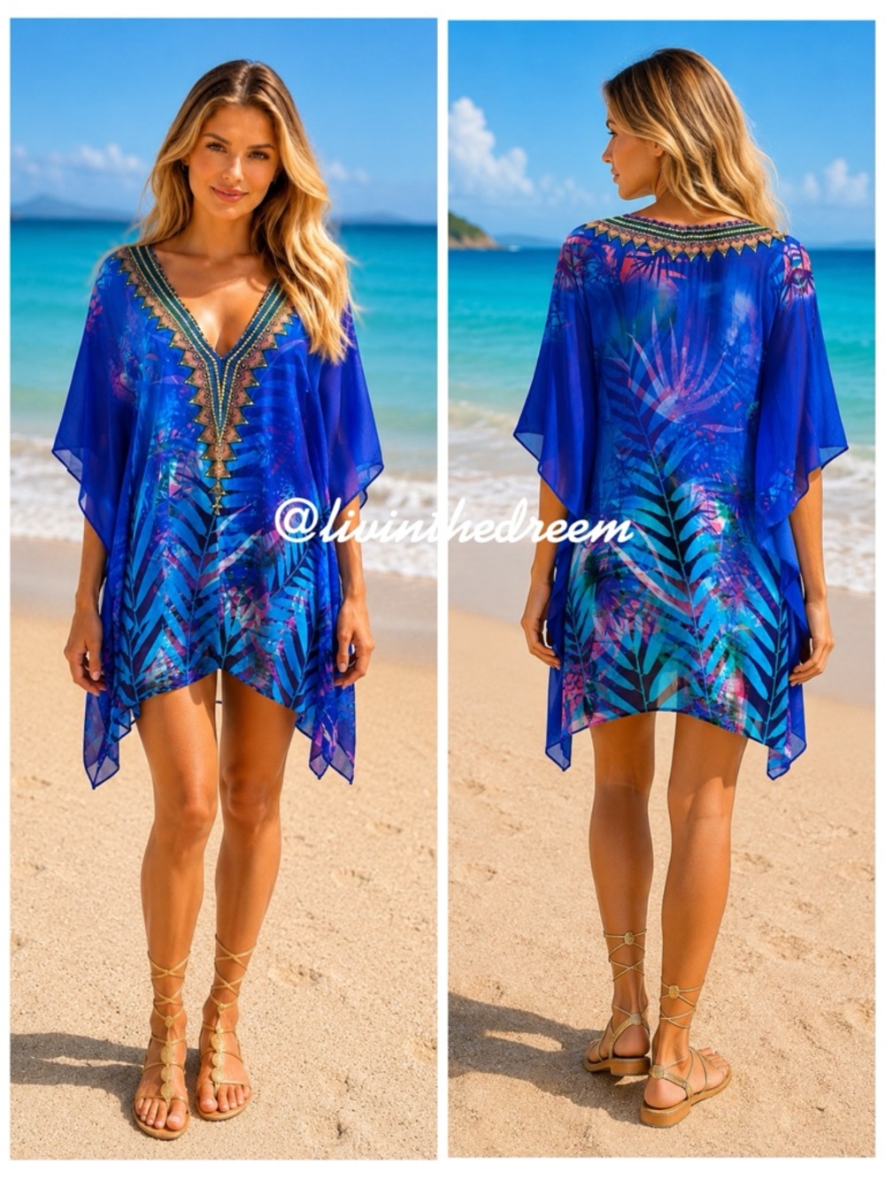 Royal Blue Tropical V-Neck Swim Cover-Up Tunic